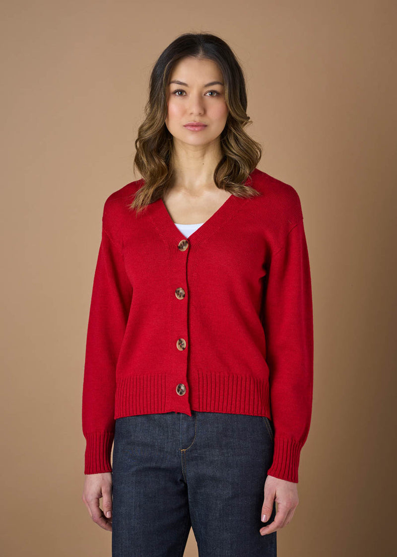 UIMI ‘Agnes’ Jersey V Neck Australian Merino Cardigan - Poppy