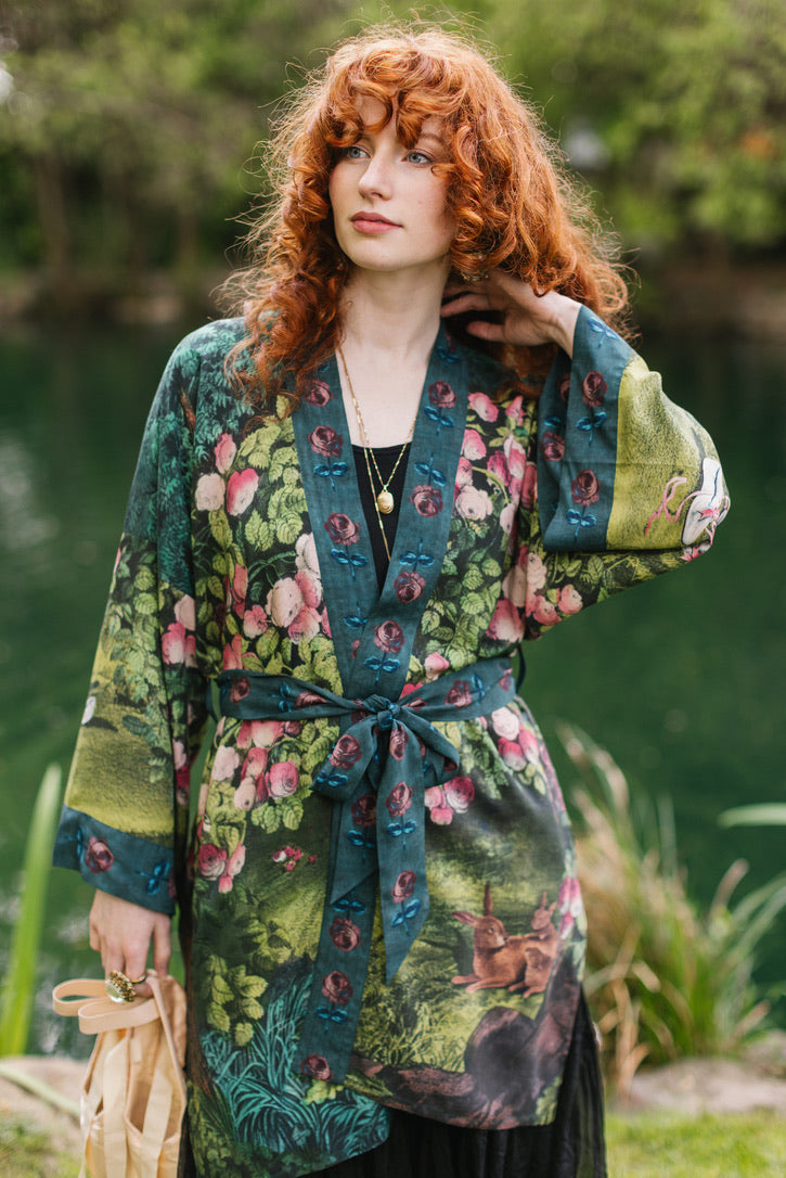 Market Of Stars - The Daydreamer - Matinée Cropped Duster Kimono - Florals & Rabbits