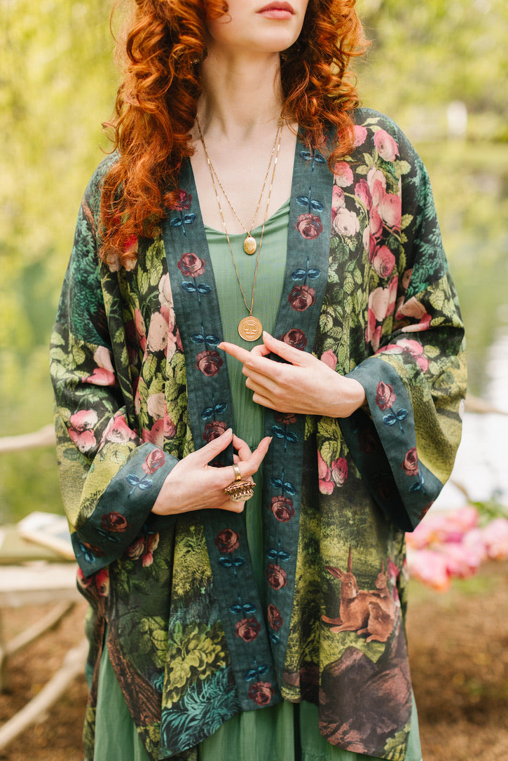 Market Of Stars - The Daydreamer - Matinée Cropped Duster Kimono - Florals & Rabbits