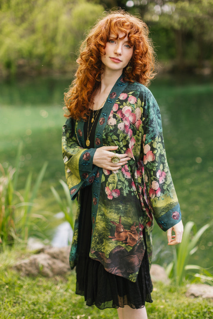 Market Of Stars - The Daydreamer - Matinée Cropped Duster Kimono - Florals & Rabbits