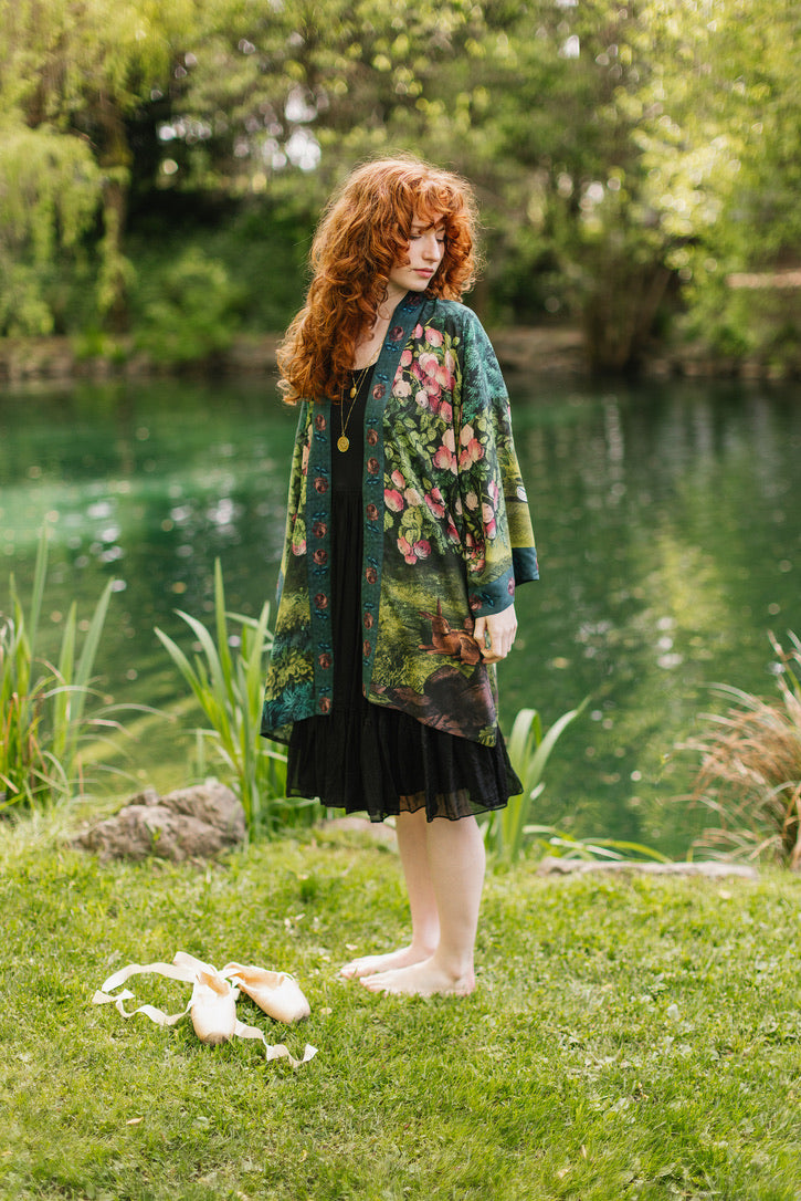Market Of Stars - The Daydreamer - Matinée Cropped Duster Kimono - Florals & Rabbits