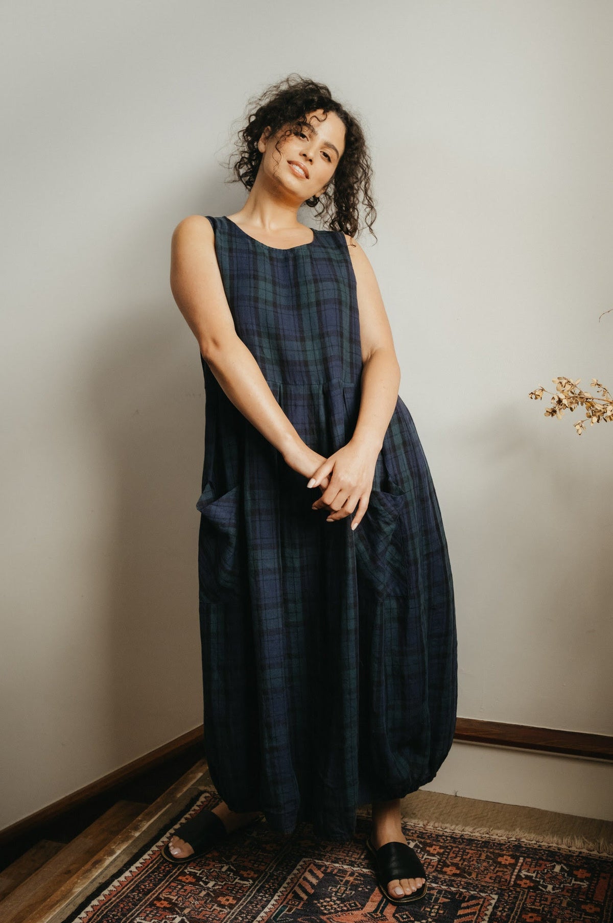 Montaigne - Sartene - French Linen Dress - Green/Blue Tartan