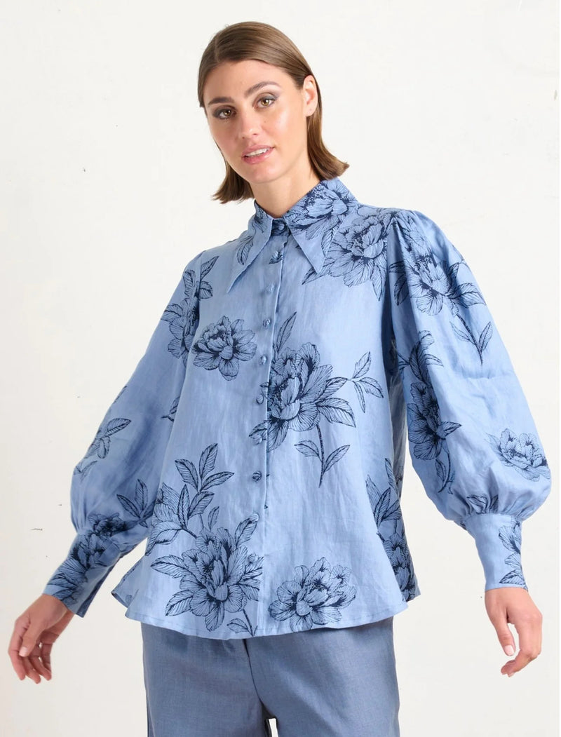 State Of Embrace Pointed Collar Blouse - Peonies Blue