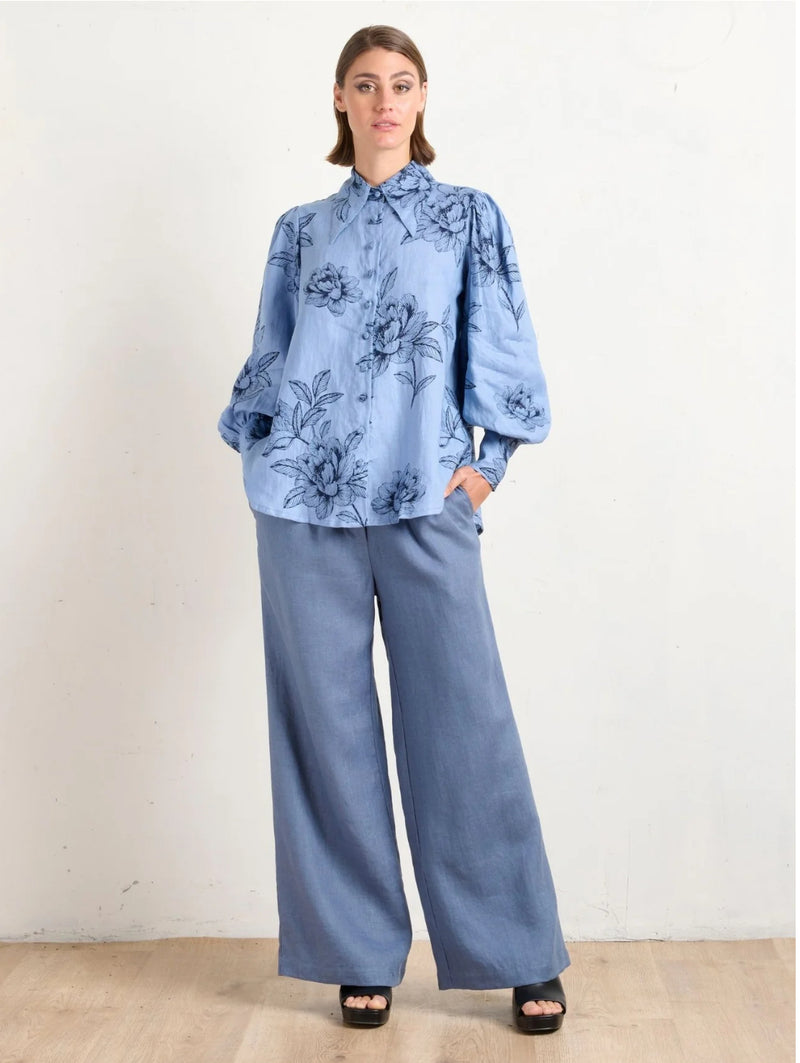 State Of Embrace Pointed Collar Blouse - Peonies Blue