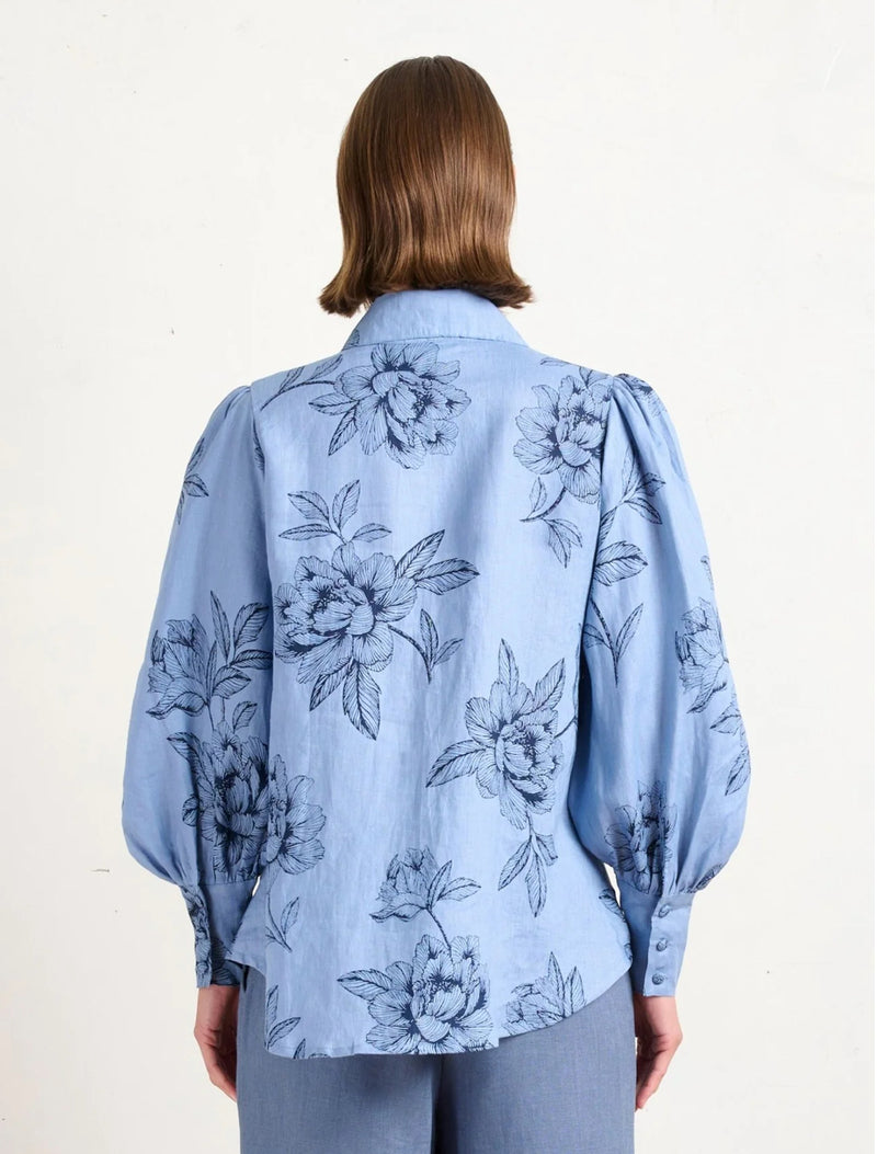 State Of Embrace Pointed Collar Blouse - Peonies Blue