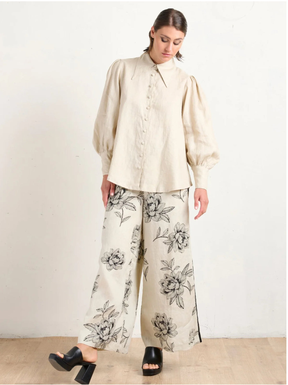 State Of Embrace Palazzo Pant Peonies - Stone