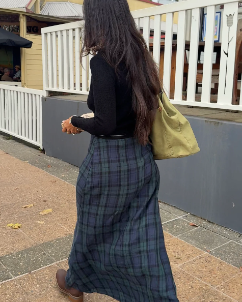 ‘Francie’ French Linen Maxi Linen Skirt - Blue Tartan