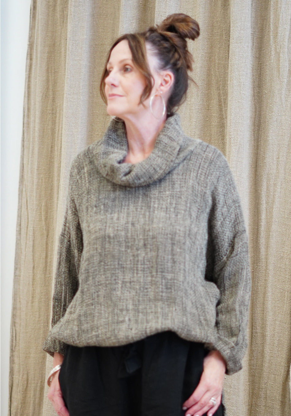 Rustic - ‘Allegra’ Heavy Linen Cowl Neck Top Jumper - Black/ Natural Woven