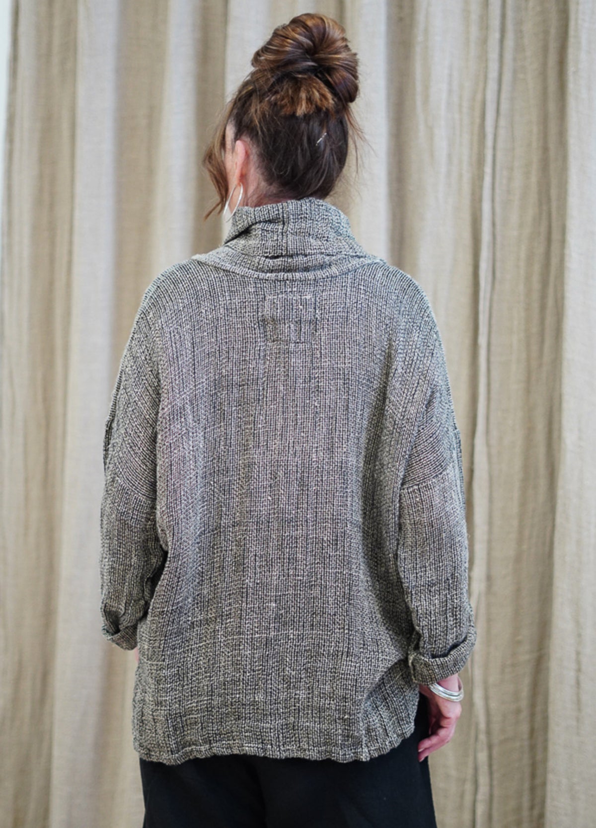Rustic - ‘Allegra’ Heavy Linen Cowl Neck Top Jumper - Black/ Natural Woven