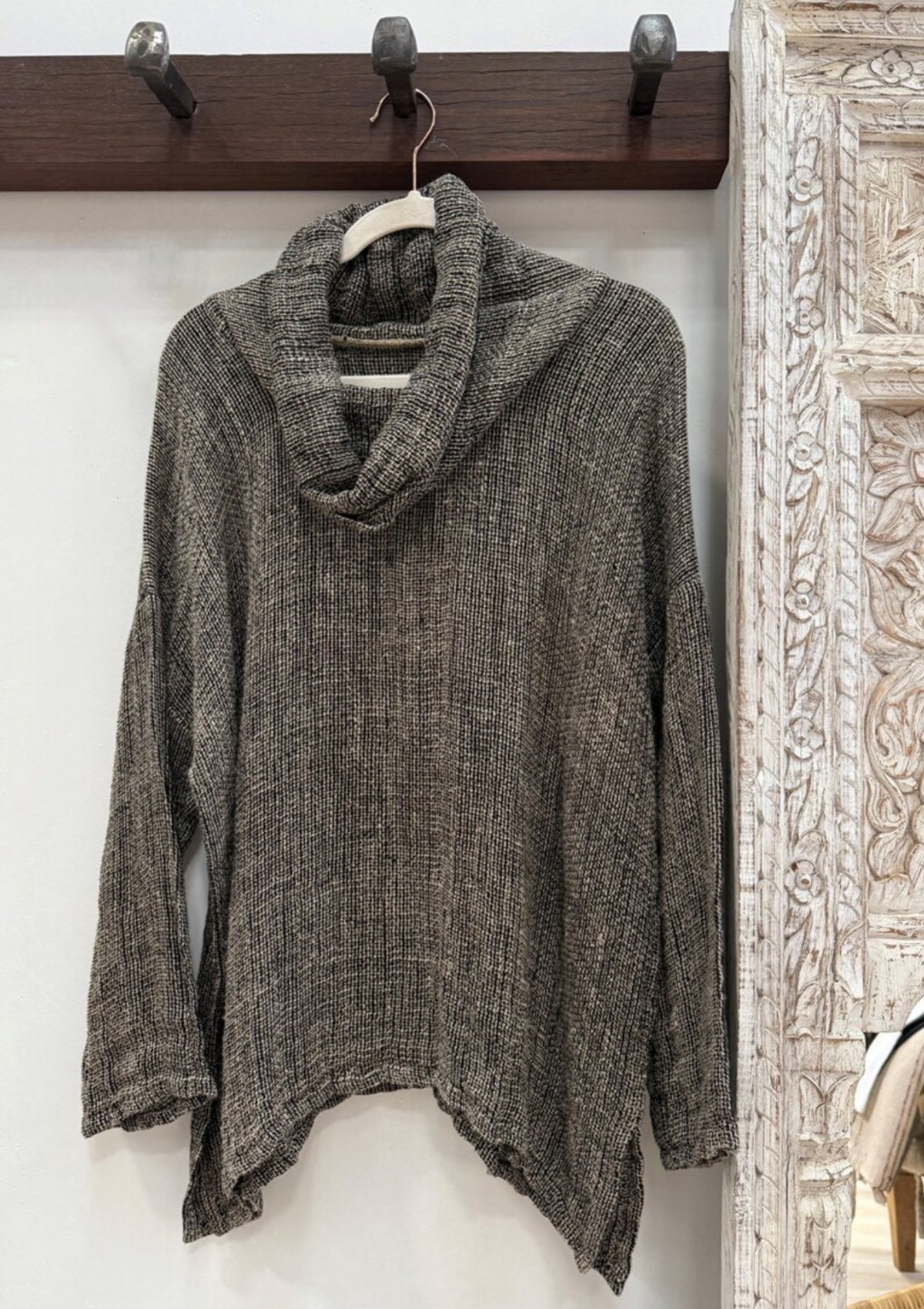 Rustic - ‘Allegra’ Heavy Linen Cowl Neck Top Jumper - Black/ Natural Woven