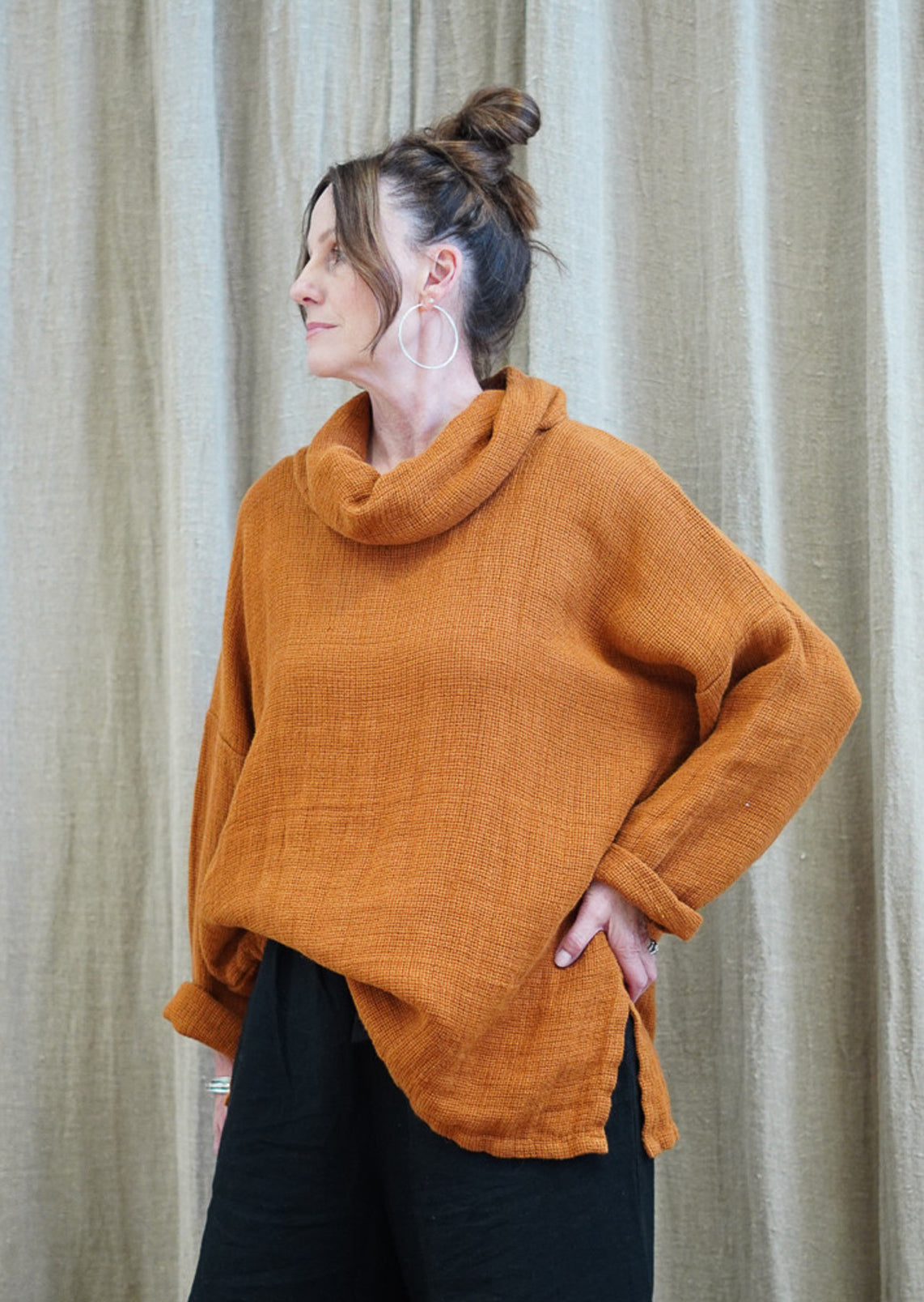 Rustic - ‘Allegra’ Heavy Linen Cowl Neck Top Jumper - Rust