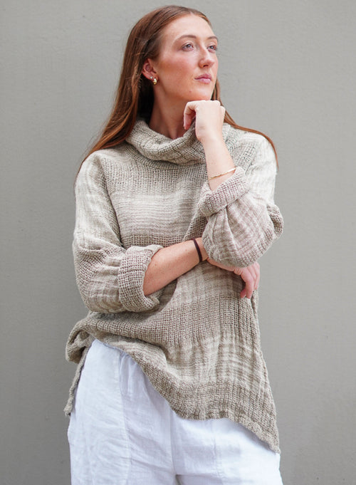 ‘Allegra’ Heavy Linen Cowl Neck Top Jumper - Natural/ White Ombre