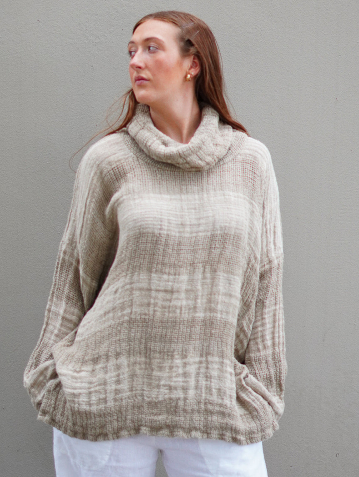 Rustic - ‘Allegra’ Heavy Linen Cowl Neck Top Jumper - Natural/ White Ombre