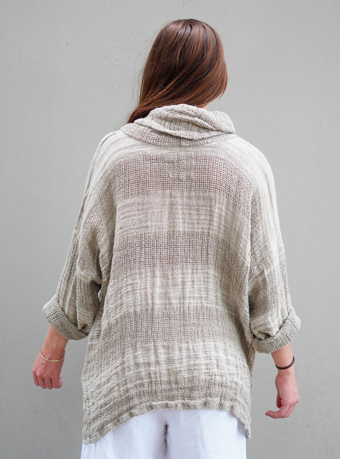 Rustic - ‘Allegra’ Heavy Linen Cowl Neck Top Jumper - Natural/ White Ombre