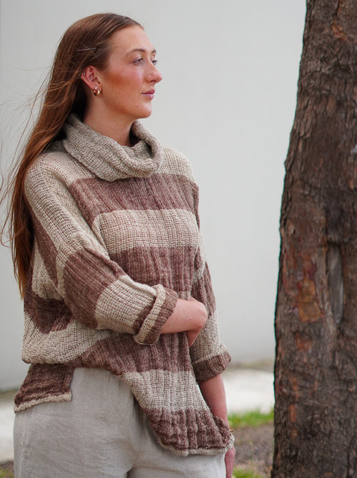 ‘Allegra’ Heavy Linen Cowl Neck Top Jumper - Natural/ Brown Stripes