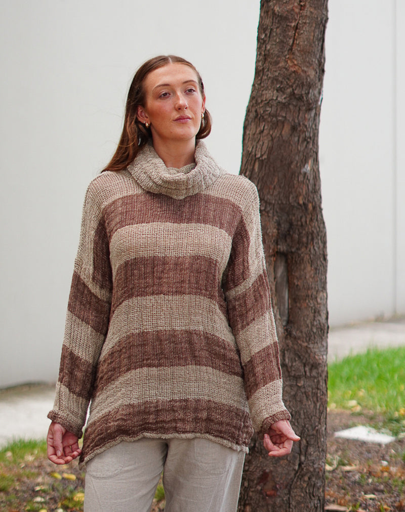 ‘Allegra’ Heavy Linen Cowl Neck Top Jumper - Natural/ Brown Stripes