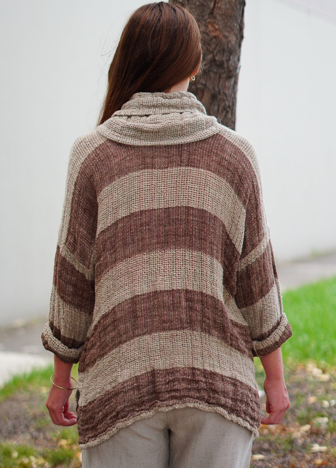 Rustic - ‘Allegra’ Heavy Linen Cowl Neck Top Jumper - Natural/ Brown Stripes