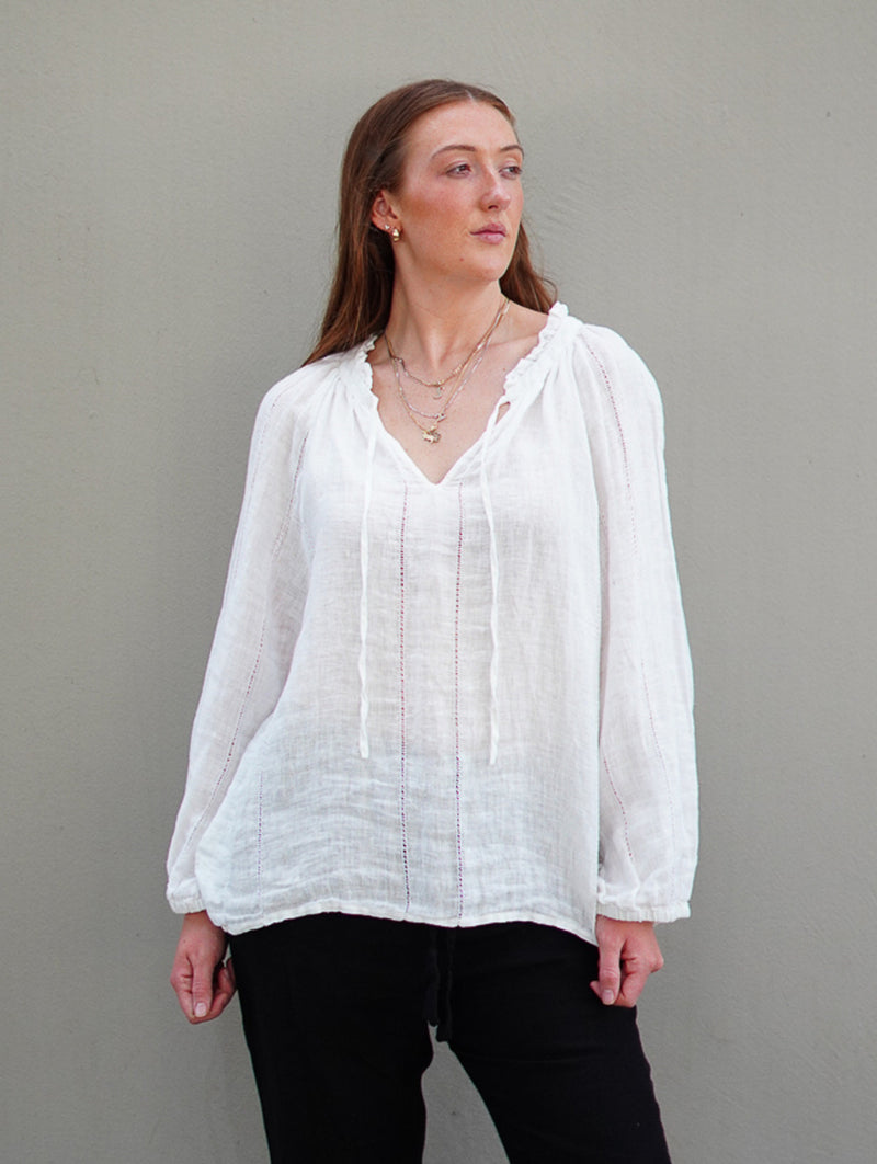 ‘Sussana’ Linen Top Long Sleeve - White