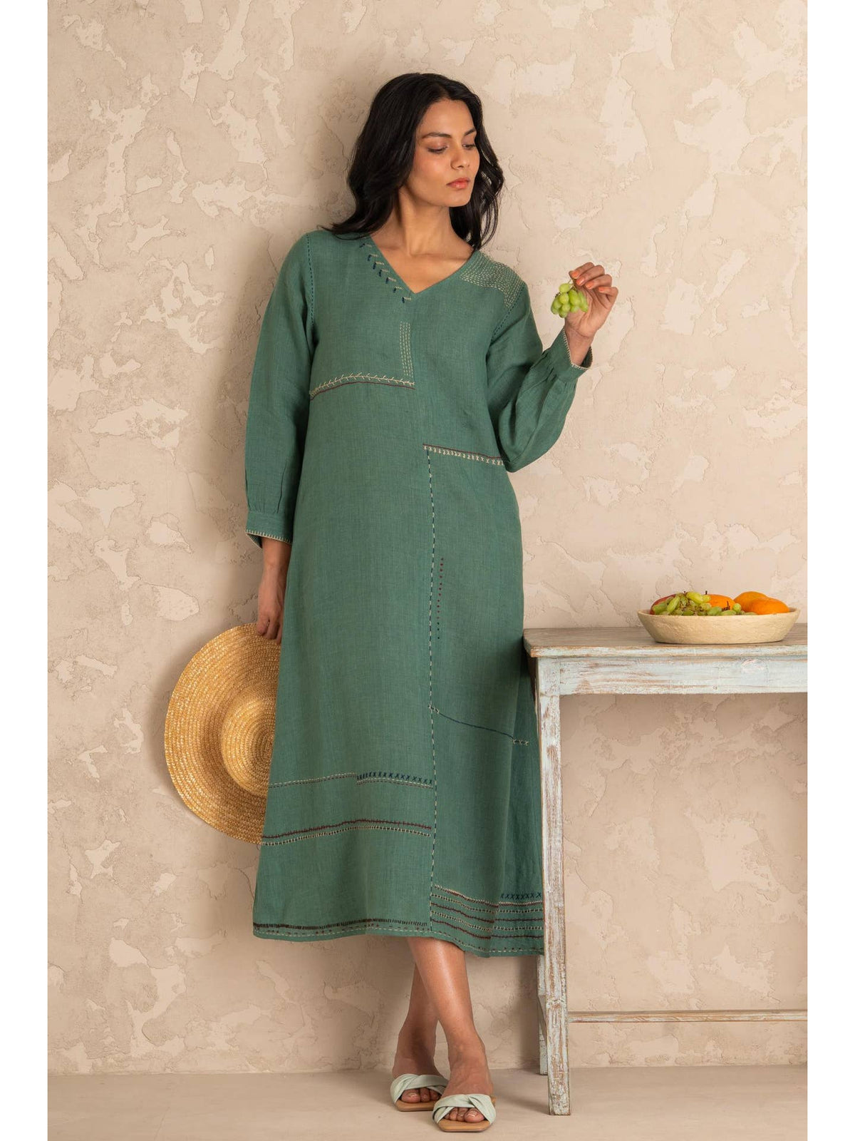 European Linen 'Lina' Dress Muted Teal Ecolena European Linen 'Lina' Dress Muted Teal Ecolena