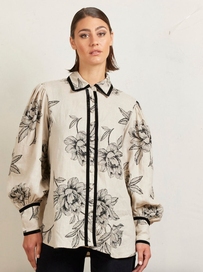 State Of Embrace Blouson Velvet Blouse - Peonies Stone