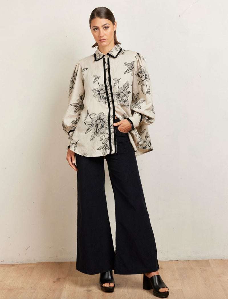 State Of Embrace Blouson Velvet Blouse - Peonies Stone