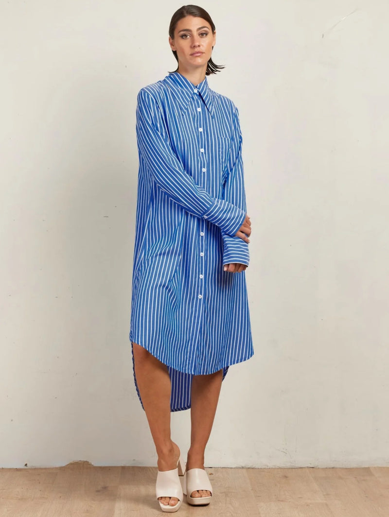 State Of Embrace Sky Stripe Cotton Collared Shirt Dress - Blue