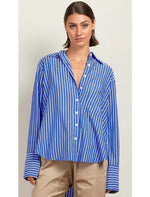 State Of Embrace Sky Stripe Cotton Collared Shirt Oversized Pocket Long Sleeve   - Blue