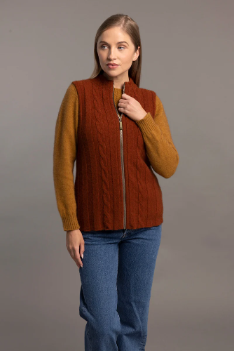 McDonald - Possum Merino Corrugated Cable Zip Vest - Spice - PRE-ORDER - Shipment Mid May