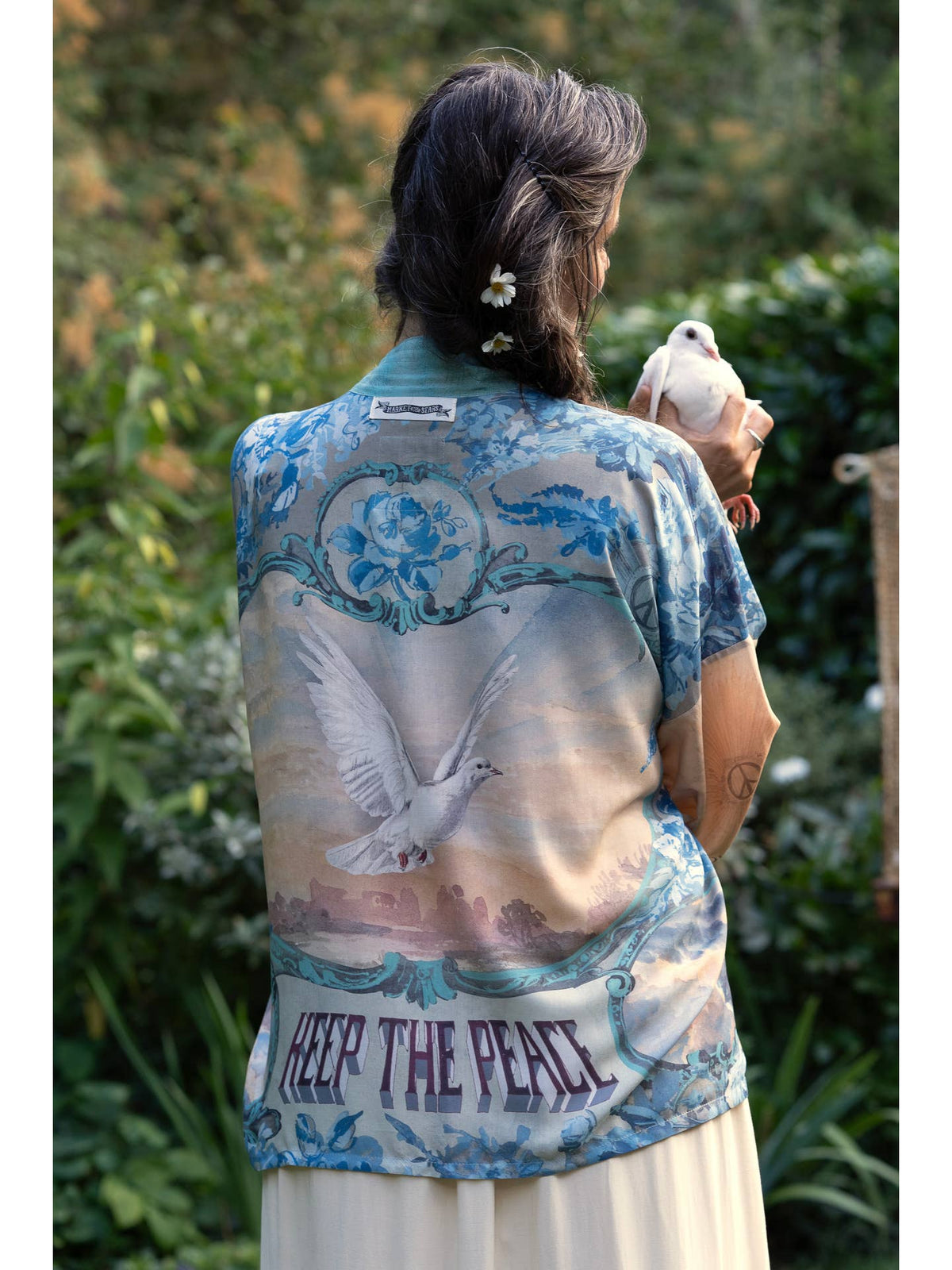 Market Of Stars - ‘Peace Out’ Cropped Bamboo Kimono Pixie Duster with Doves