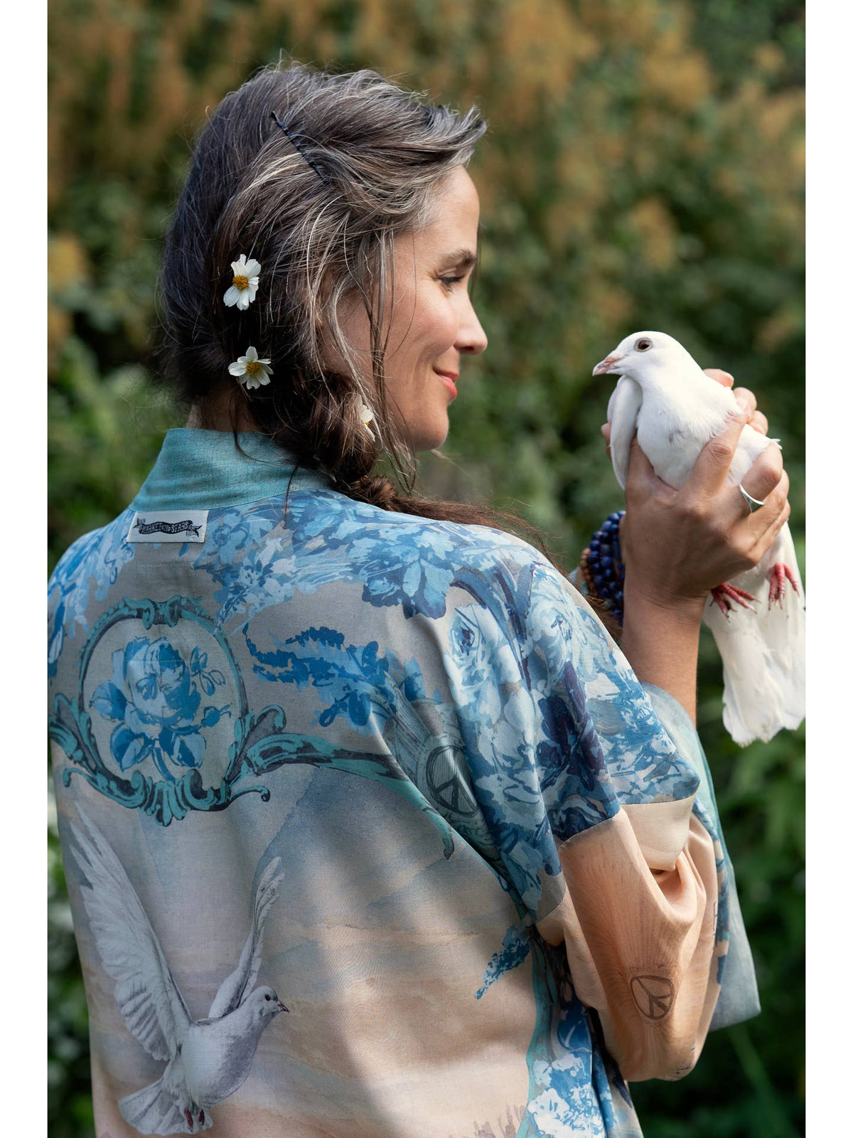Market Of Stars - ‘Peace Out’ Cropped Bamboo Kimono Pixie Duster with Doves
