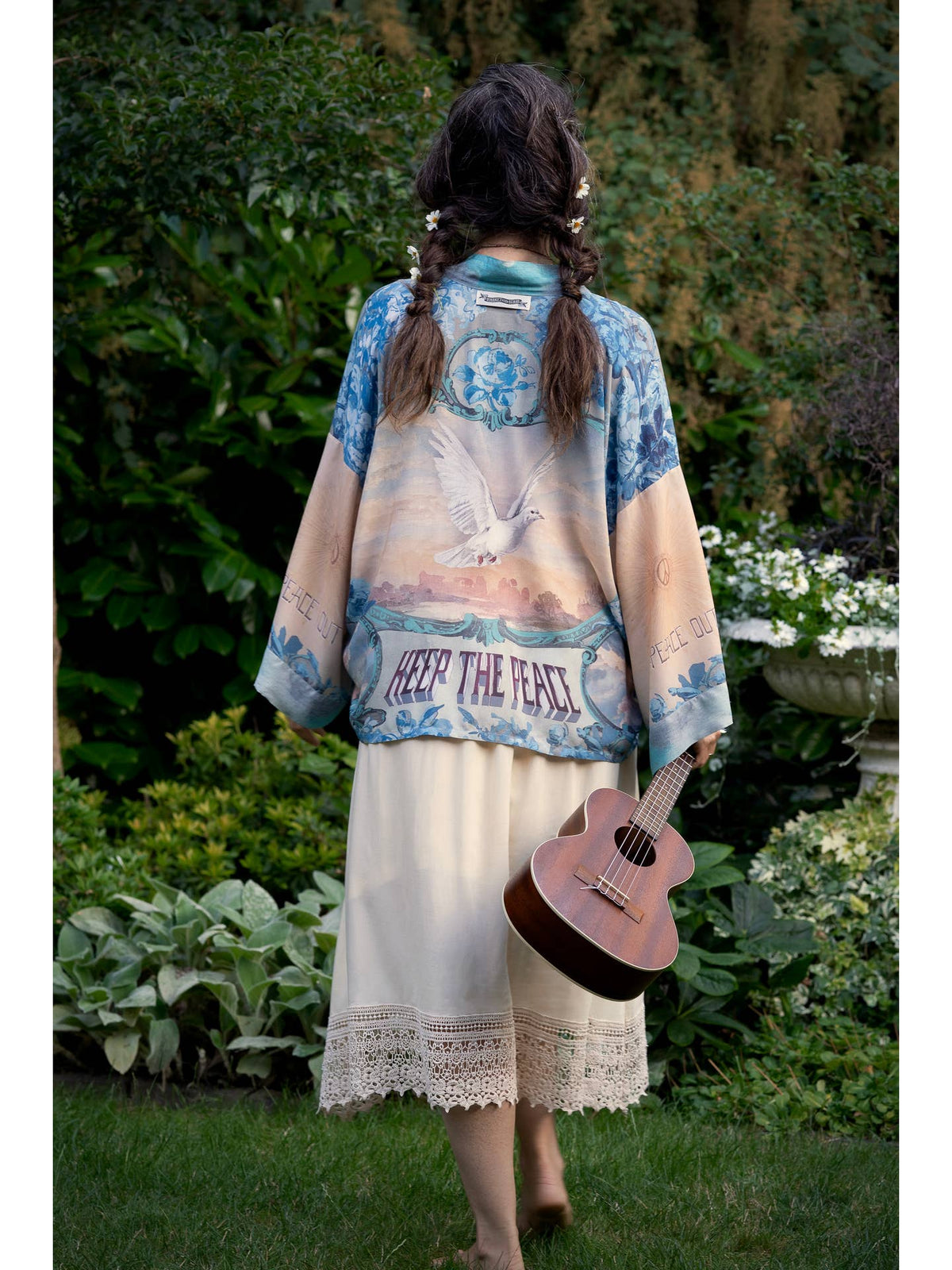 Market Of Stars - ‘Peace Out’ Cropped Bamboo Kimono Pixie Duster with Doves