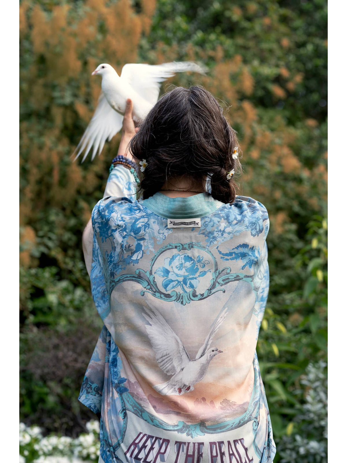 Market Of Stars - ‘Peace Out’ Cropped Bamboo Kimono Pixie Duster with Doves