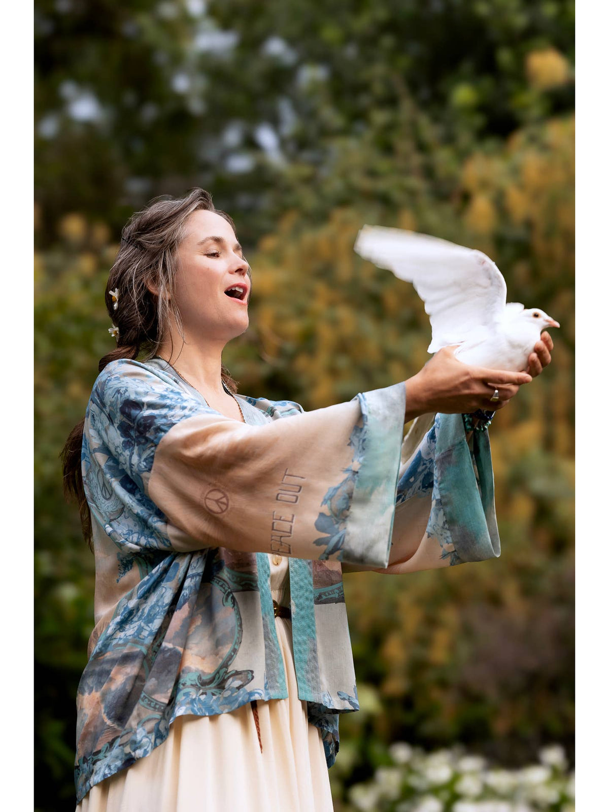 Market Of Stars - ‘Peace Out’ Cropped Bamboo Kimono Pixie Duster with Doves