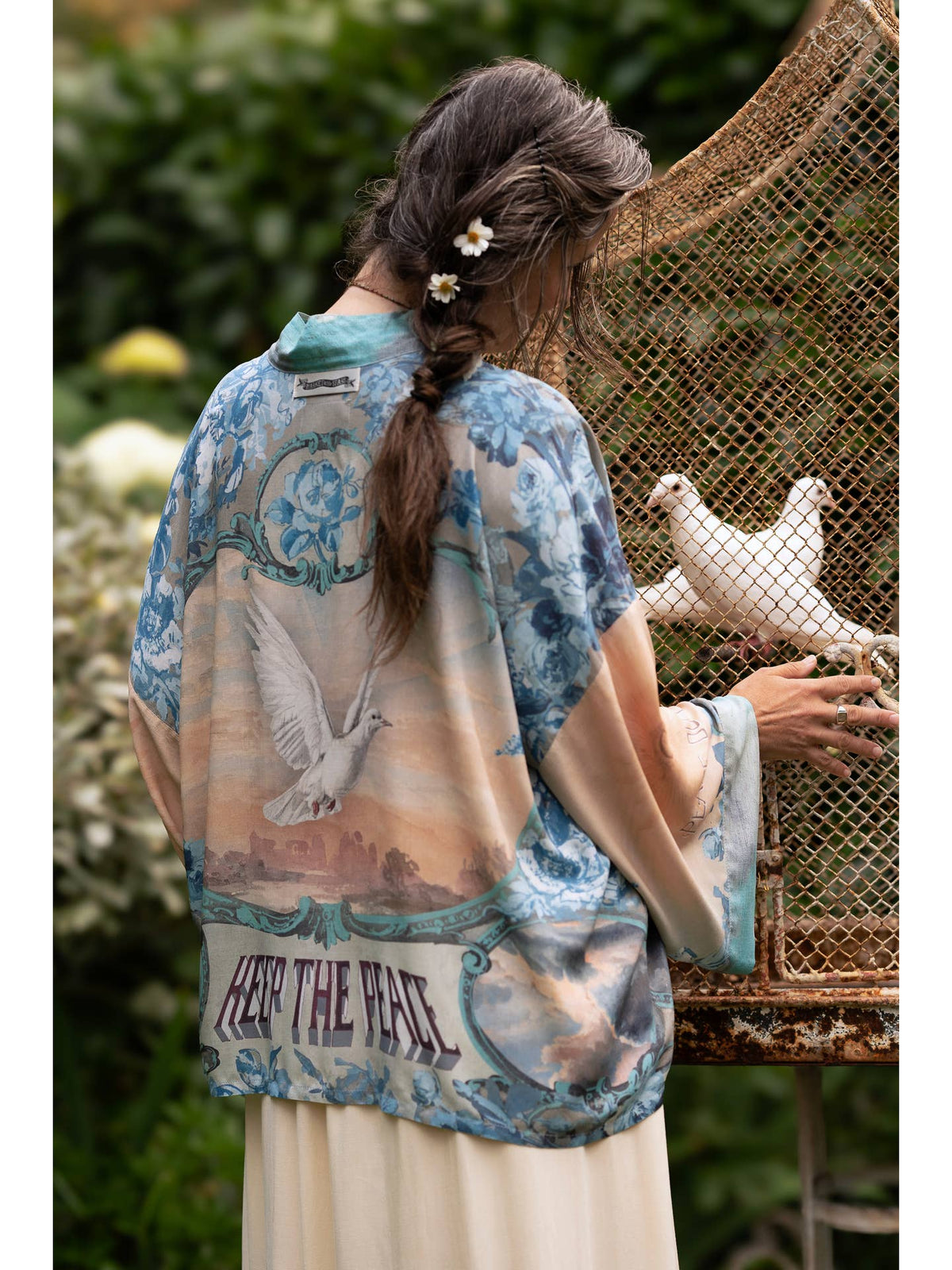 Market Of Stars - ‘Peace Out’ Cropped Bamboo Kimono Pixie Duster with Doves