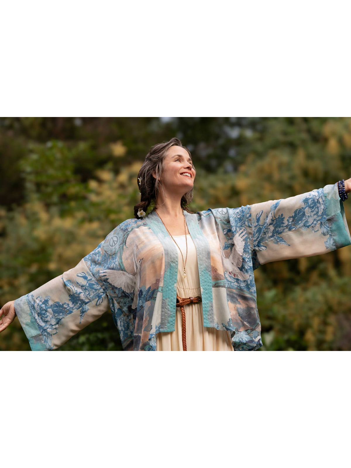 Market Of Stars - ‘Peace Out’ Cropped Bamboo Kimono Pixie Duster with Doves