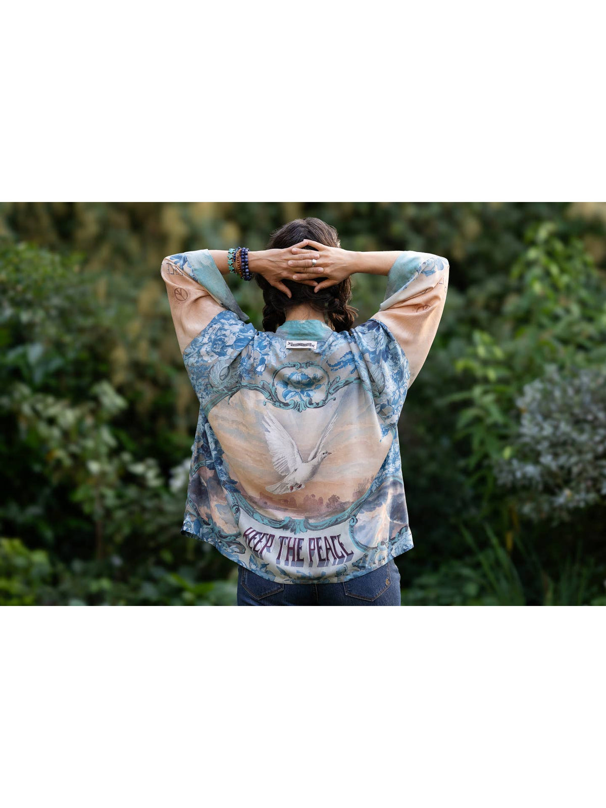 Market Of Stars - ‘Peace Out’ Cropped Bamboo Kimono Pixie Duster with Doves
