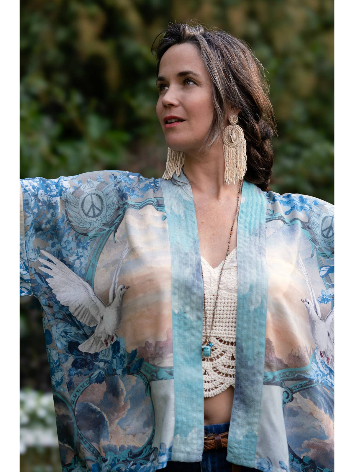 Market Of Stars - ‘Peace Out’ Cropped Bamboo Kimono Pixie Duster with Doves