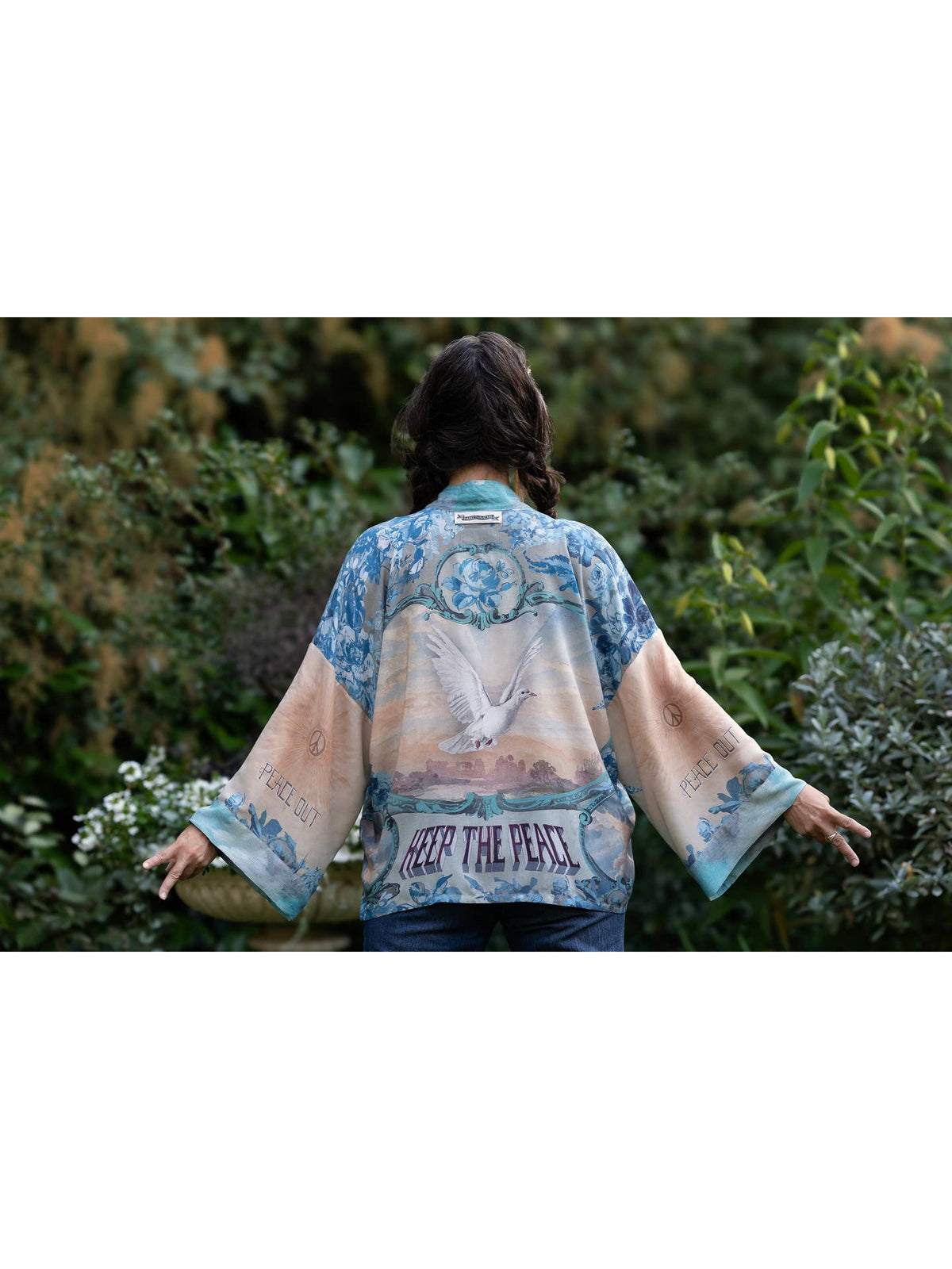 Market Of Stars - ‘Peace Out’ Cropped Bamboo Kimono Pixie Duster with Doves