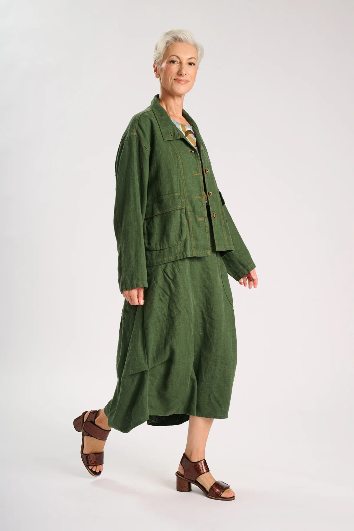 Olga De Polga - Milwaukee Fiesta - Midi Slub Linen Skirt - Forest