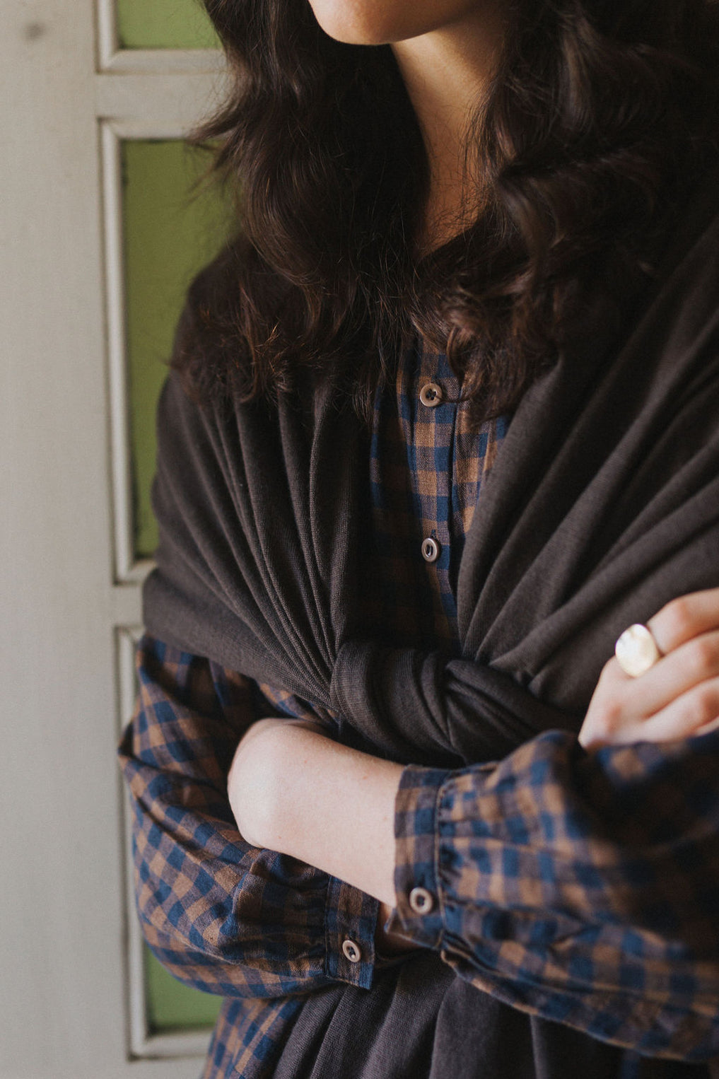 Montaigne - Carmen - Button Through Long Sleeve Top - Blue Brown Check