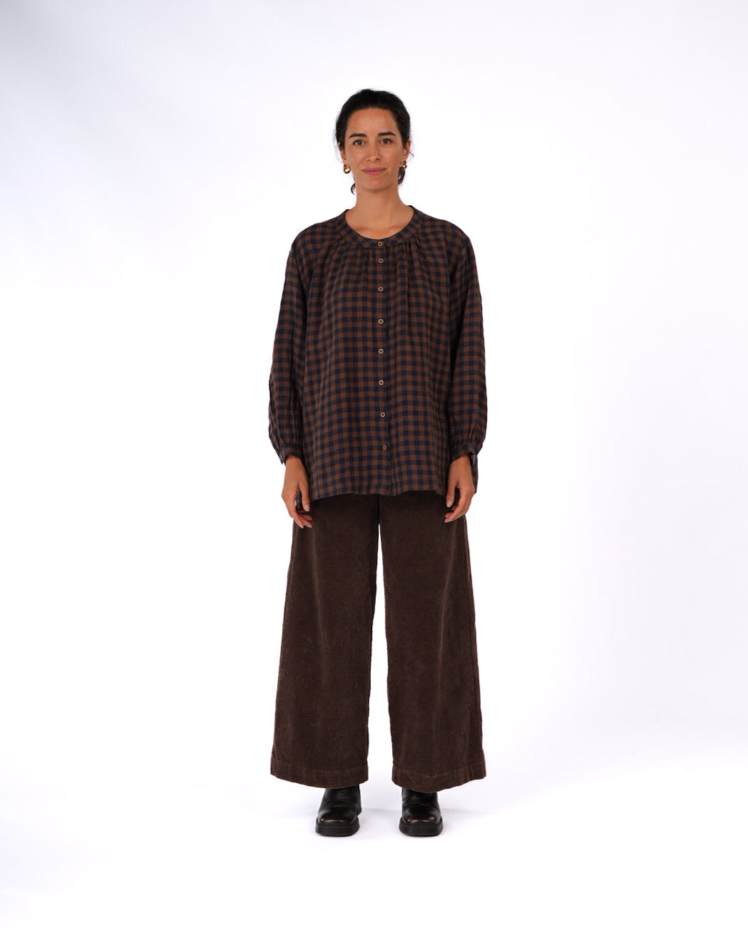 Montaigne - Carmen - Button Through Long Sleeve Top - Blue Brown Check