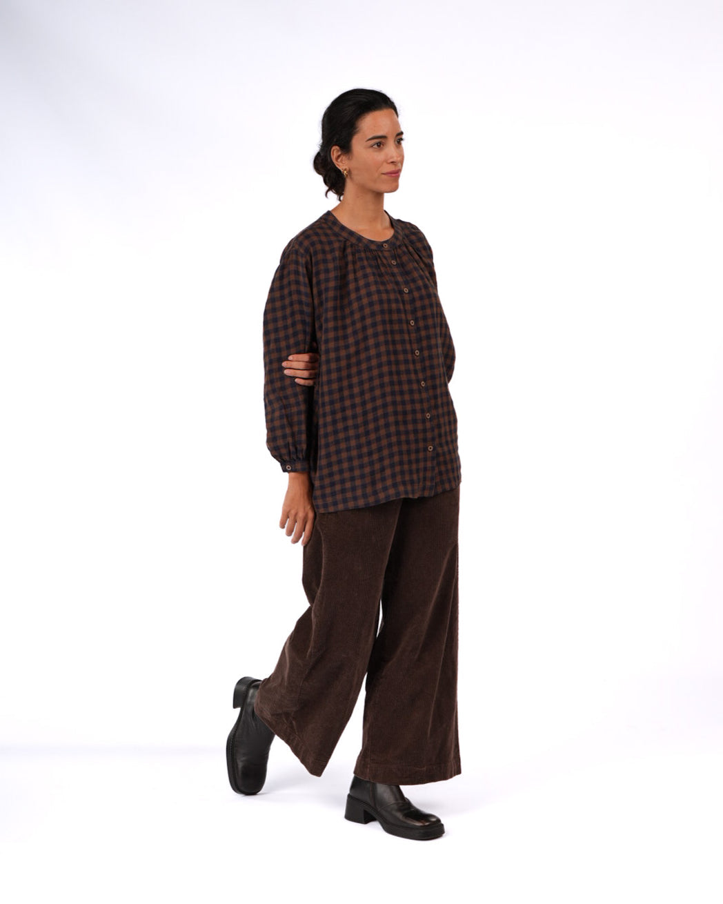 Montaigne - Carmen - Button Through Long Sleeve Top - Blue Brown Check