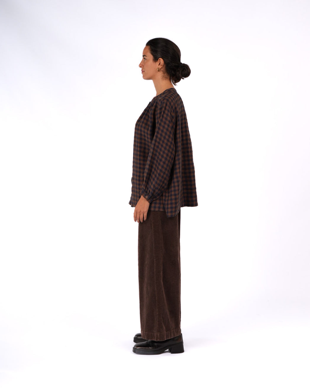 Montaigne - Carmen - Button Through Long Sleeve Top - Blue Brown Check