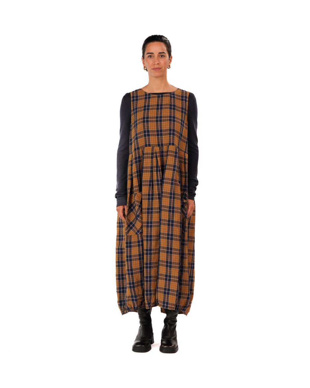 Montaigne - Sartene - French Linen Dress - Blue Tweed Check