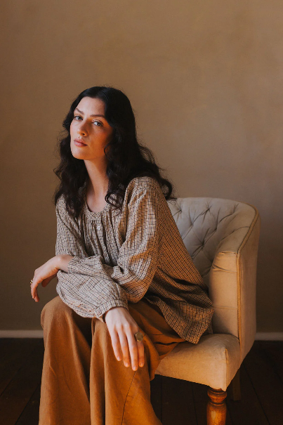 Montaigne - Carmen - Button Through Long Sleeve Top - Beige/Brown Check