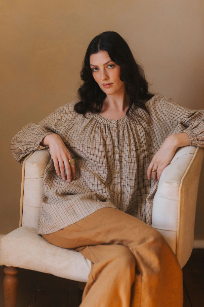 Montaigne - Carmen - Button Through Long Sleeve Top - Beige/Brown Check