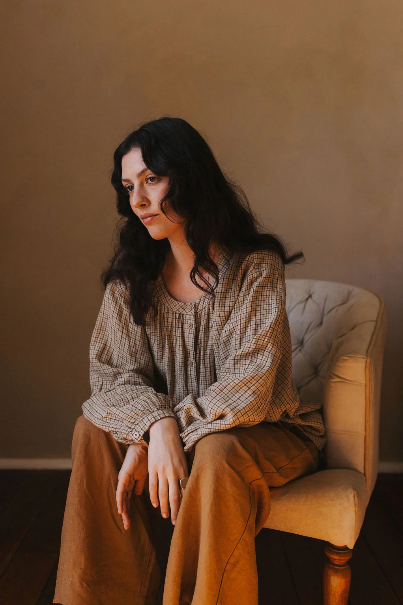 Montaigne - Carmen - Button Through Long Sleeve Top - Beige/Brown Check