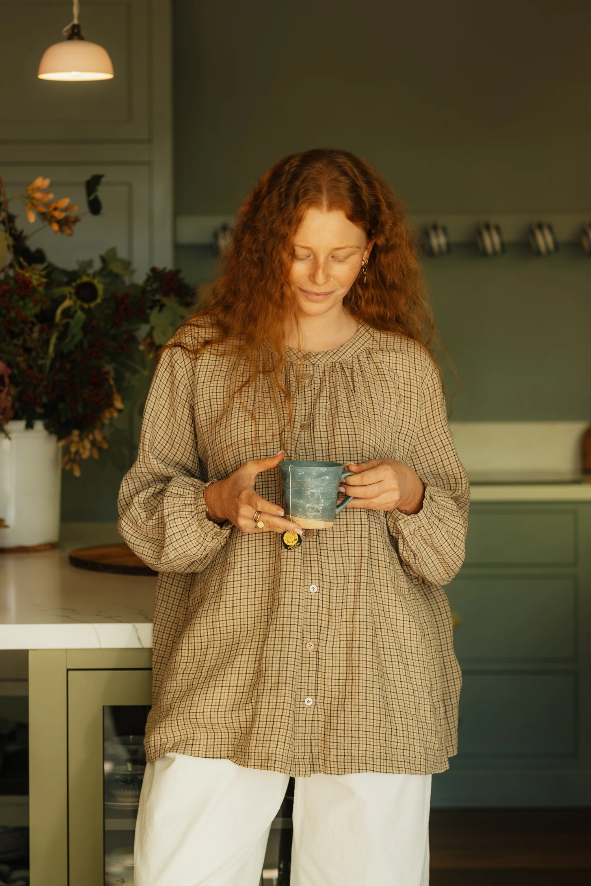 Montaigne - Carmen - Button Through Long Sleeve Top - Beige/Brown Check