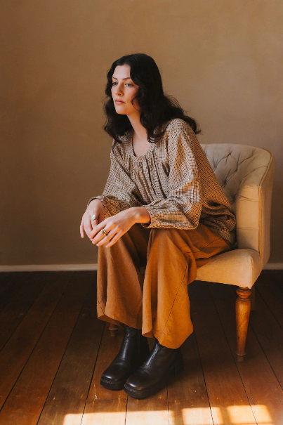 Montaigne - Carmen - Button Through Long Sleeve Top - Beige/Brown Check