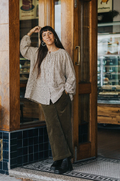 Montaigne - Carmen - Button Through Long Sleeve Top - Beige/Brown Check